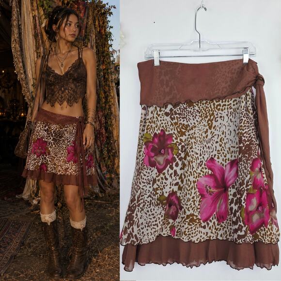 Zero Zero Dresses & Skirts - Y2K Chiffon Skirt Medium Brown Leopard Tropical Floral Fairy Grunge Whimsical